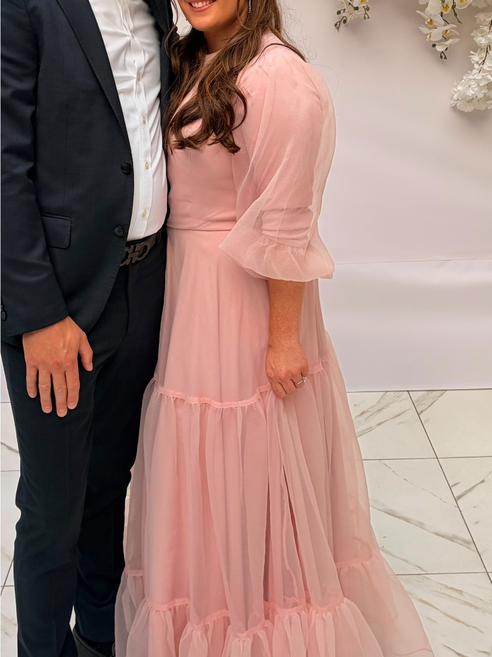 Blush Pink Chiffon Tiered Wedding Gown
